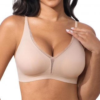 Fittingirls Women's Sexy Lace Bra - Deep V Push-Up Minimizer, Comfort Wireless Seamless Lightly Padded Lingerie